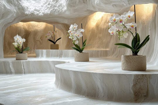 White orchids in pots on tiered platforms in a sculpted white cave-like room, soft backlighting