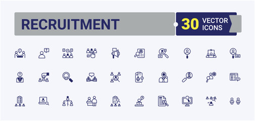 Recruitment modern icons set. Contains such icons as employee, contract, resource, company, partnership, skill and more. Set of line pictogram. Editable vector outline and solid icons.