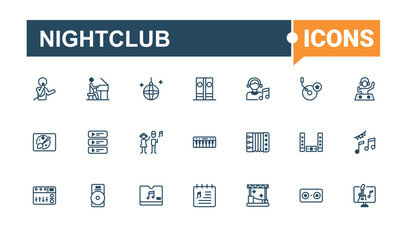 Set of Nightclub line icons. It contains symbols to pastime, vodka, cocktails, simple, art, disco and more. Minimal icons. Solid line editable vector illustration.