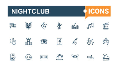 Set of Nightclub line icons. It contains symbols to pastime, vodka, cocktails, simple, art, disco and more. Minimal icons. Solid line editable vector illustration.