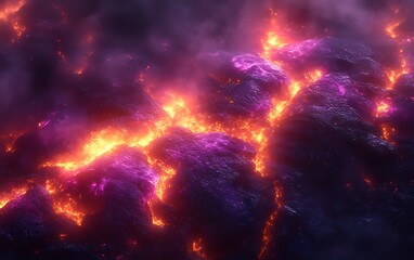 Fototapeta premium Glowing lava flowing through volcanic rocks.