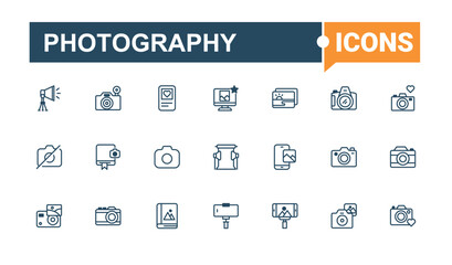Photography linear icon collection. Includes icons for picture, lens, selfie, instant, album, photo, business and more. Collection for mobile and web apps. Outline and solid pictogram.