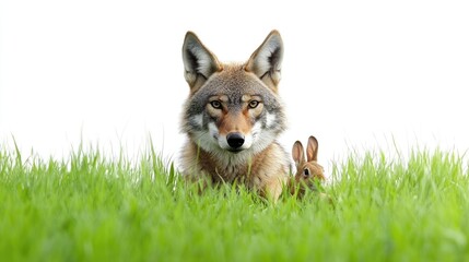 Fototapeta premium A coyote and a rabbit in a grassy field, showcasing a predator-prey relationship.