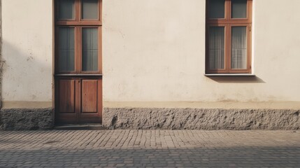 Fototapeta premium Old building exterior with wooden door and windows, stone pavement.