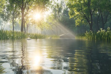 Fototapeta premium A serene landscape featuring sunlight filtering through trees, reflecting on a calm water surface.