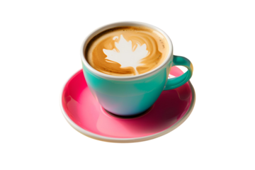  Latte cup with a leaf design in turquoise and pink hues