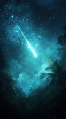 Night Scene in Jungle with Stars and Meteor Shower