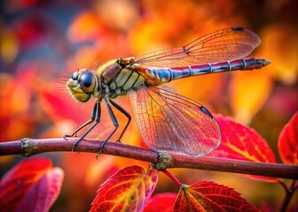 Autumn's fiery hues, a dragonfly's delicate dance.