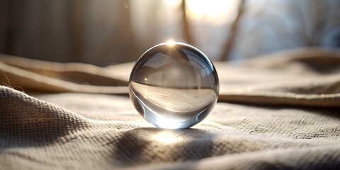 Obraz premium Glass ball resting on soft fabric reflects light and creates a serene atmosphere in a cozy indoor setting