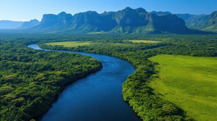 Aerial view of a winding river surrounded by lush greenery and mountains.