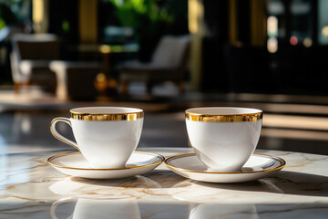 Two cups of freshly brewed espresso coffee