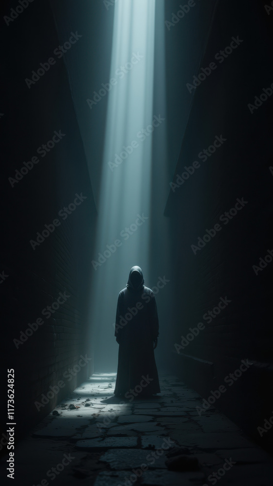 Poster an ai character in an ancient hallway, standing at an entrance with rays of light shining down from 
