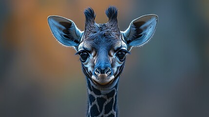 Close-up portrait of a young giraffe, showcasing its unique patterns and expressive eyes against a blurred background.