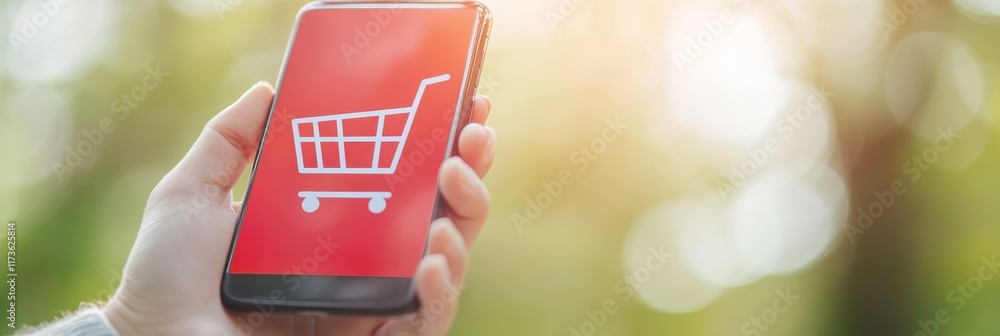 Poster hand holding a smartphone displaying a shopping cart icon on a red screen, symbolizing online shoppi