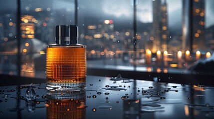 A sophisticated amber perfume bottle sits on a rainslicker surface