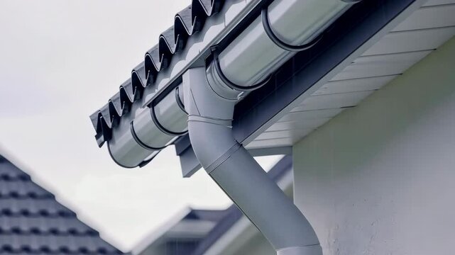 Contemporary Gutter Installed on a Residential House Roof to Enhance Functionality. Clean well maintained rain gutter system. Roof architecture effectively. Polymer storm drainage. Home architectural