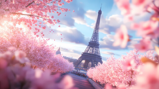 3d paris with cherry blossom. Blossom. Illustration