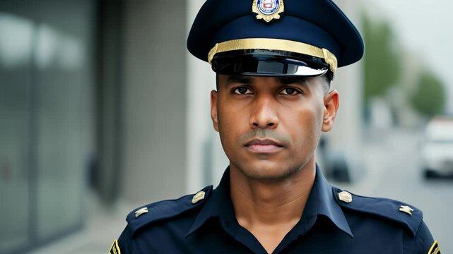 Serious police officer looking at camera in uniform