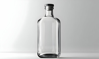 Clear glass bottle with black cap on white background.  Empty container for various liquids.