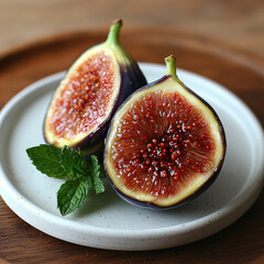Fresh fig halves with mint on plate, wooden background