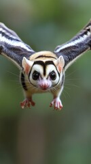 A close-up of a sugar glider gliding through the air with its wings spread wide.