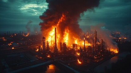 Fototapeta premium A dramatic image of an industrial plant engulfed in flames, with intense fire and thick smoke rising into the twilight sky, creating a haunting and catastrophic scene