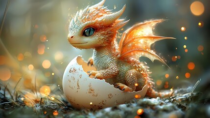 Adorable baby dragon emerging from its eggshell in a magical forest setting.