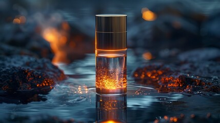 A Glass Bottle with Gold Cap and Shimmering Liquid on Volcanic Rocks