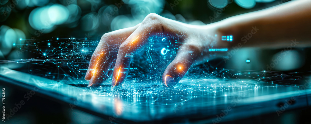 Poster hand interacting with ai on digital network interface depicting machine learning and blockchain
