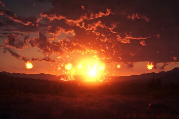 A dramatic sunset scene with fiery explosions illuminating the mountainous landscape.