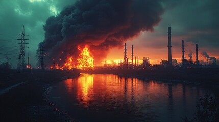 Fototapeta premium A dramatic image of an industrial plant engulfed in flames, with intense fire and thick smoke rising into the twilight sky, creating a haunting and catastrophic scene