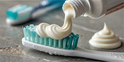 Close up of toothpaste being squeezed onto a toothbrush, showcasing a daily dental care routine, bright and clean setting