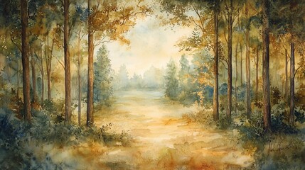 Obraz premium Serene autumnal forest path watercolor painting.