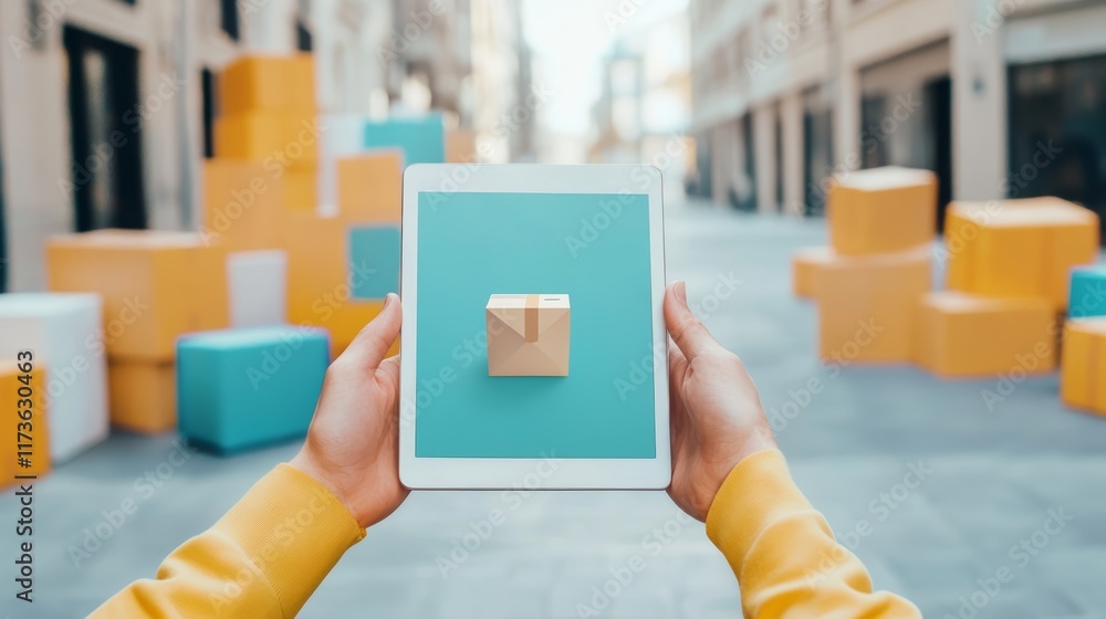 Poster Hands holding a digital tablet displaying a parcel tracking app icon with colorful packages in an urban setting, symbolizing modern delivery logistics and online shopping