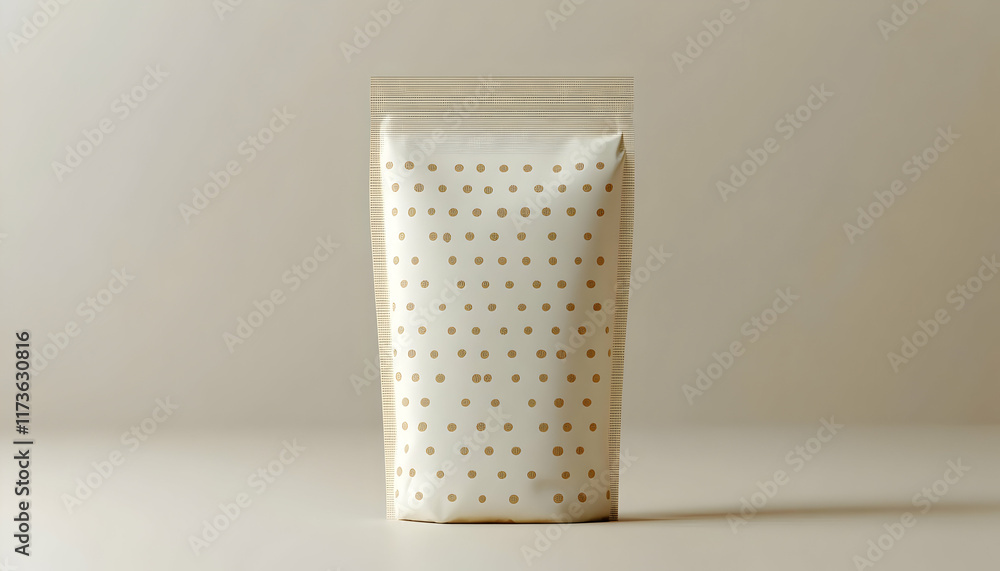 Poster stand-up pouch with gold polka dots on a beige background. the pouch is empty and ready for product 