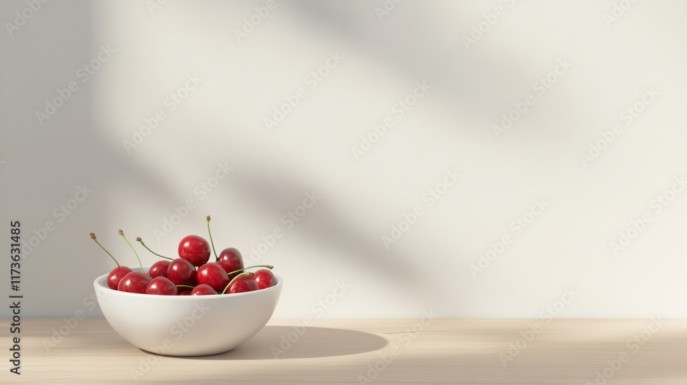 Poster ripe red cherries with stems resting in a white bowl on a light wooden table, softly illuminated by 