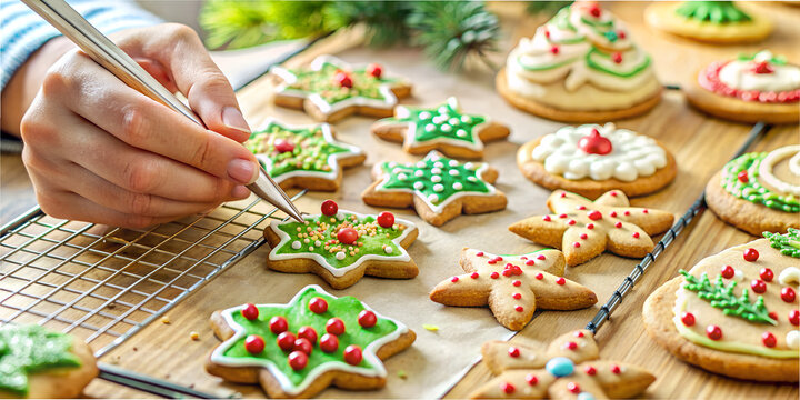 Decorating colorful cookies in a cozy kitchen for the holiday season