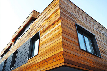 Modern wood-clad building corner, blue sky backdrop, residential/commercial use