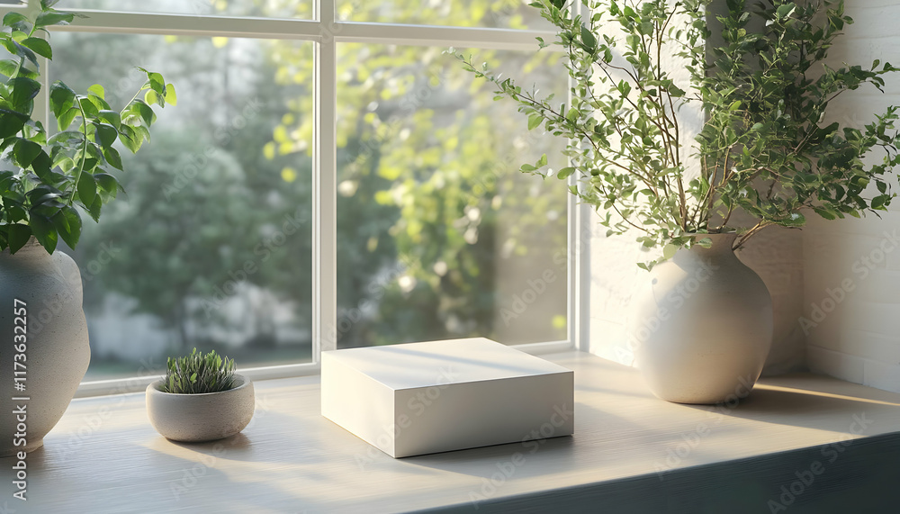 Aufkleber white cube display on a window sill with plants and sunlight.