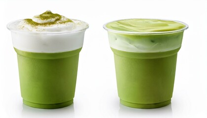 iced matcha green tea latte in glass or takeaway cup isolated on white background including clipping path