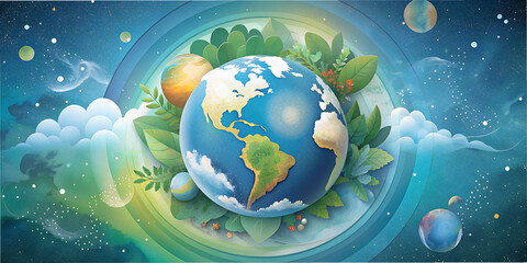 Stylized depiction of Earth celebrating the beauty of nature and the spirit of Earth Day through vibrant colors and abstract forms