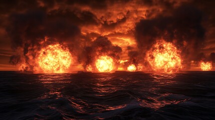 A dramatic scene of fiery celestial bodies above turbulent ocean waves at sunset.