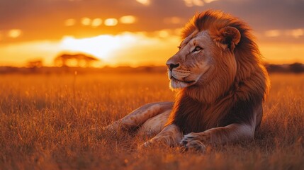 Obraz premium A majestic lion resting in golden grass during sunset.