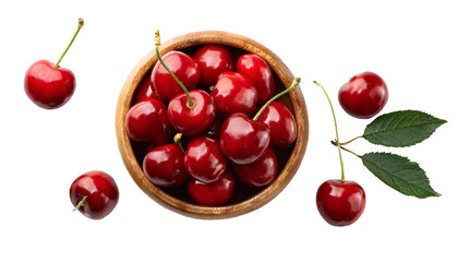 Cherries. Cherry. Cherries in wooden bowl. Red cherry. Fresh cherries. Cherry on transparent background. healthy food concept