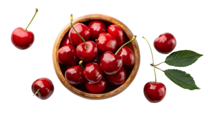 Cherries. Cherry. Cherries in wooden bowl. Red cherry. Fresh cherries. Cherry on transparent background. healthy food concept