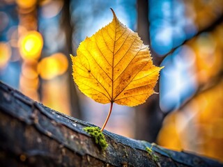 Vibrant Yellow Autumn Leaf Close-Up on Tree Branch - Fall Foliage Photography