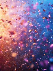 A blurred gradient background with confetti in the air. 