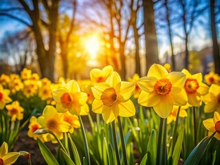 Obraz premium Vibrant Yellow Daffodils Blooming in a City Park - Spring Flowers
