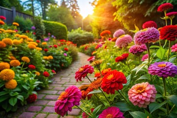 Naklejka premium Vibrant Zinnia Garden: Architectural Photography of a Blooming Summer Oasis
