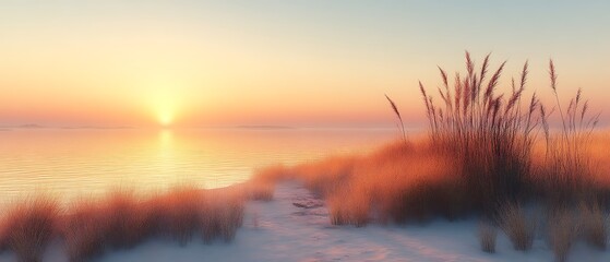 Sunset over calm ocean beach, dune grasses.